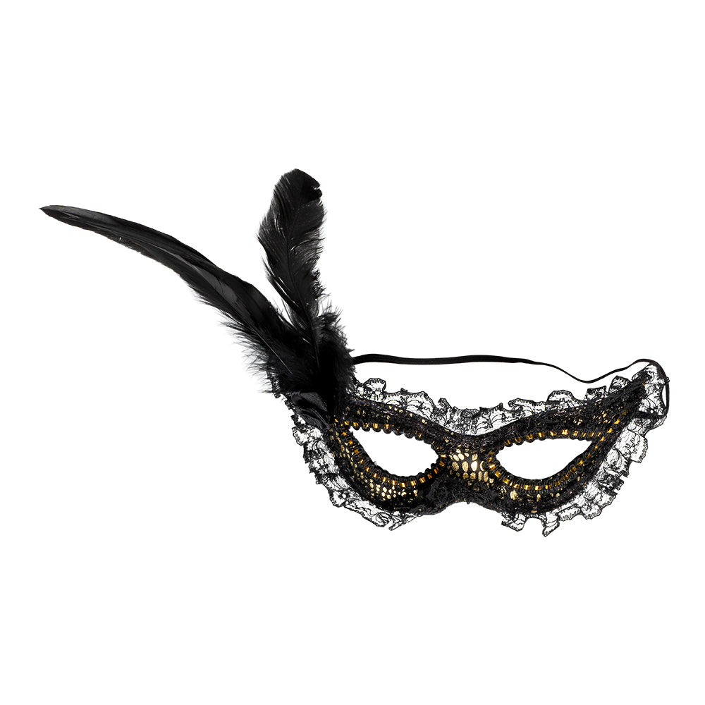 Maskeradmask - Fjäder,Spets, Svart & Guld