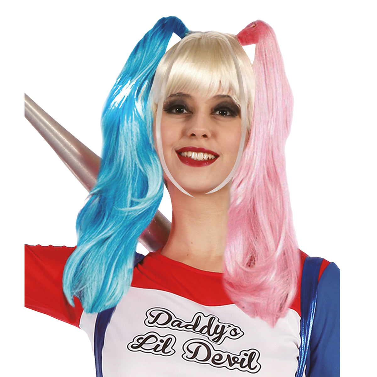 Bad Girl Peruk – Blond med Rosa & Blå Tofsar